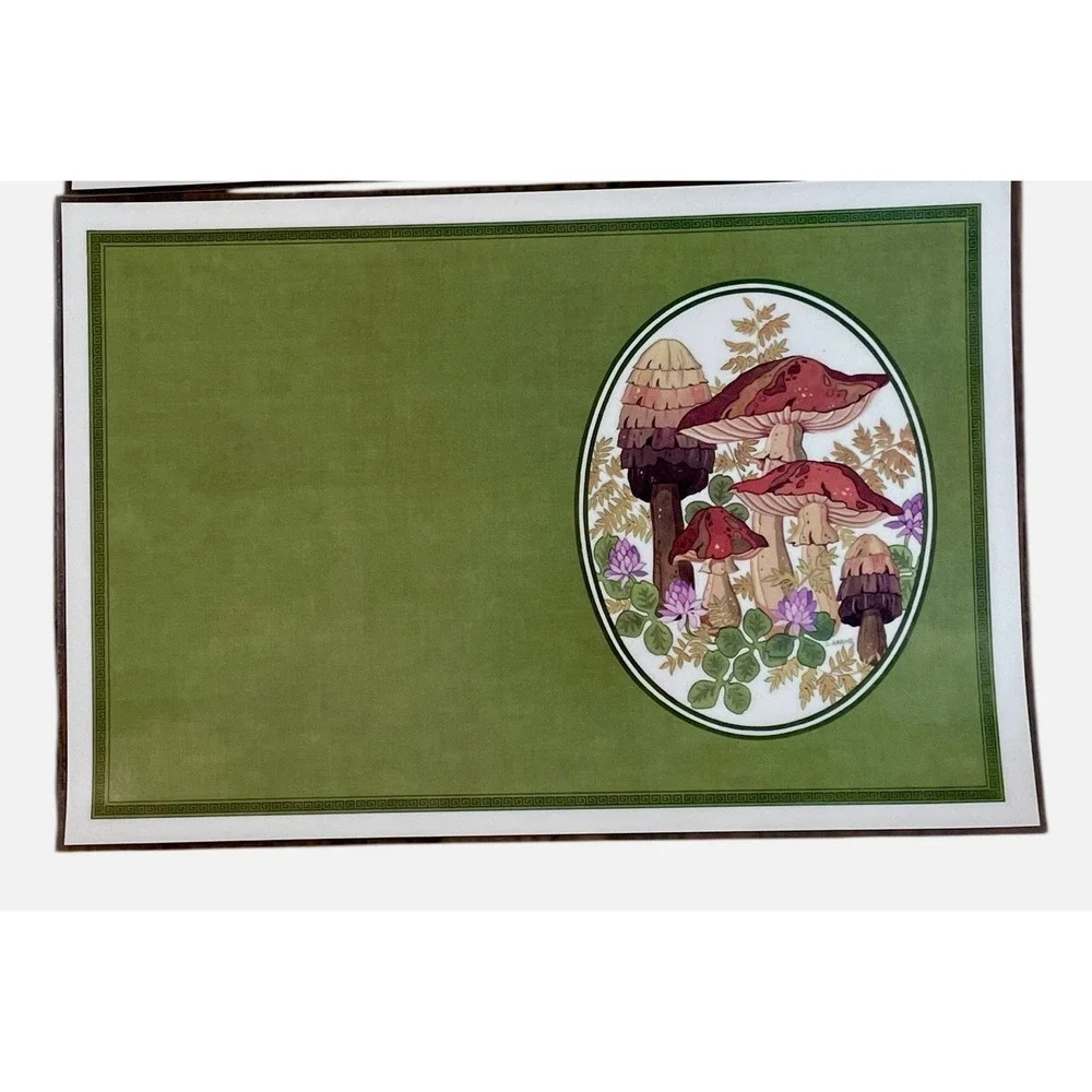 Vintage 70s MCM Mushroom Placemats Set 12 Green Reversible Retro Cottagecore
